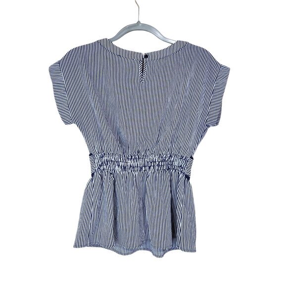 Women’s Monteau Blue White Striped Short Sleeve Shirt Size S Peplum Hem - Picture 2 of 3